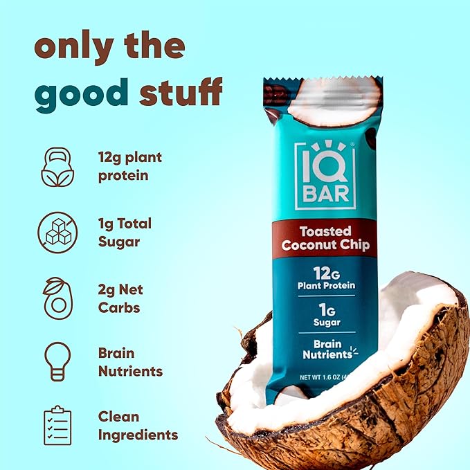 IQBAR Brain and Body Plant Protein Bars - Toasted Coconut Chip - 36-Count Low Carb - Gluten Free
