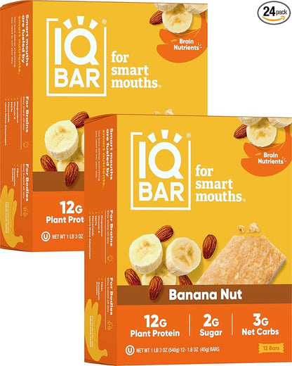 IQBAR Brain and Body Plant Protein Bars - Banana Nut - 24-Count Low Carb - Gluten Free, High Fiber