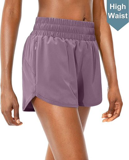 SANTINY Women's Running Shorts with Zip Pockets High Waisted Athletic Workout Gym Shorts for Women