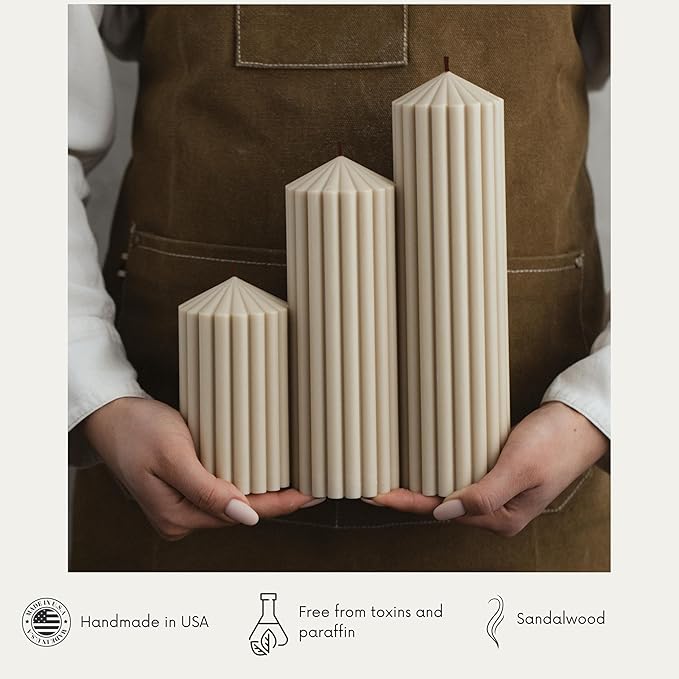 LAWA Ribbed Peak Pillar Candle - Large Beautiful Handmade Pillar Scented Soy Wax Candle Elegant