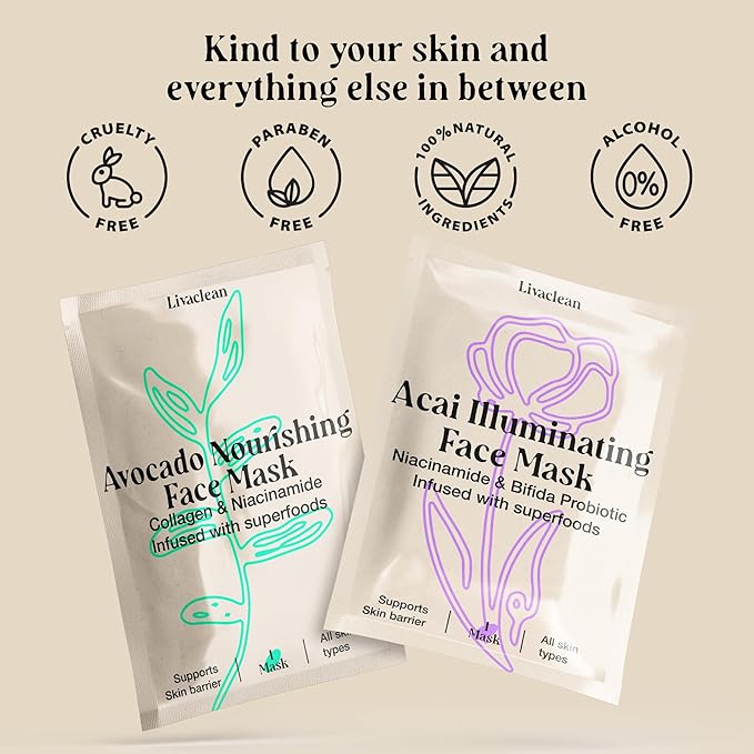 LivaClean 12 CT Face Masks Skincare - Collagen Sheet Mask - Hydrating Face Masks Bulk with