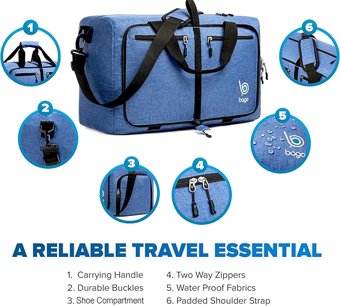 Bago Foldable Duffel Bags for Traveling Women & Men - 40L Sports Packable Duffle Bag for Travel