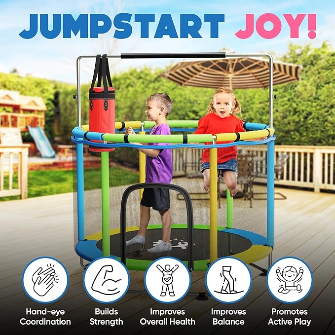 Toddler Trampoline for Kids Ages 3-8 - 5 ft Toddler Trampoline with Net, Basketball Hoop, Ocean