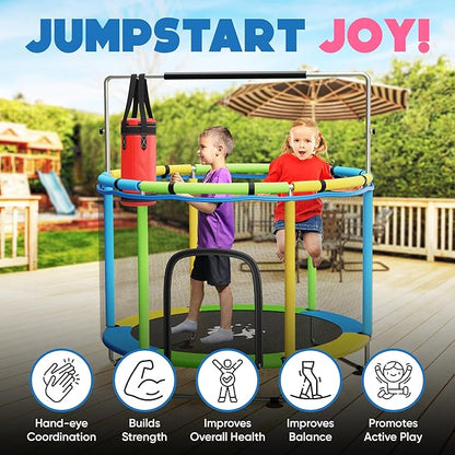 Toddler Trampoline for Kids Ages 3-8 - 5 ft Toddler Trampoline with Net, Basketball Hoop, Ocean