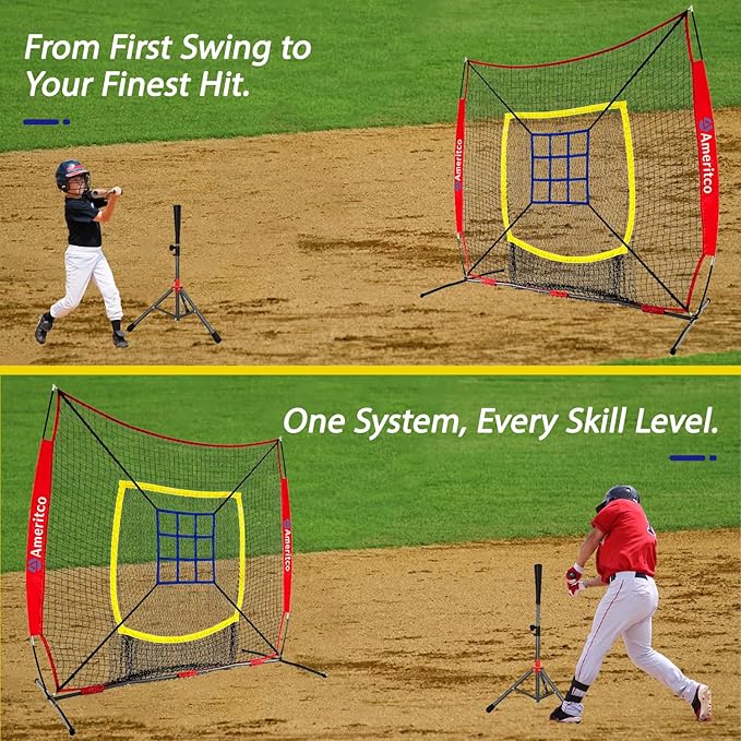 Baseball Net，7x7ft Baseball Practice Net with Tee and Target, Large Pocket Sports net for