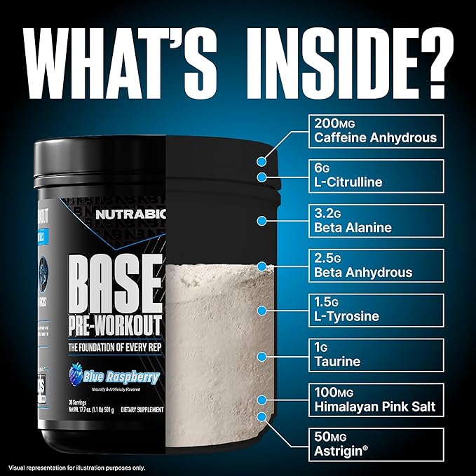 NutraBio Base Pre-Workout Powder 200mg Caffeine, Sustained Energy, Focus, Endurance, Pump, Sugar