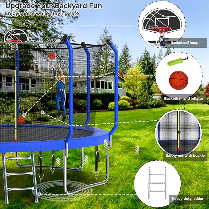 Upgraded Trampoline 8FT/10FT/12FT/14FT With Basketball Hoop, Light, Sprinkler, Stakes - Outdoor