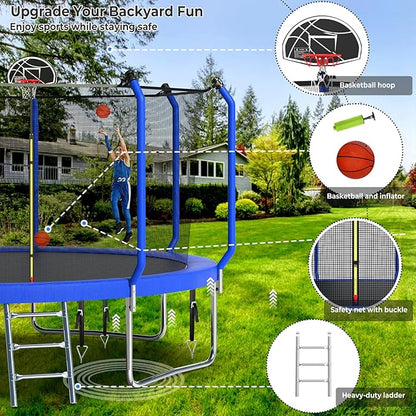 Upgraded Trampoline 8FT/10FT/12FT/14FT With Basketball Hoop, Light, Sprinkler, Stakes - Outdoor