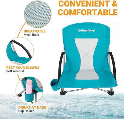 KingCamp Low Beach Chairs, Portable Folding Chair for Adults Extra Wide Ergonomic High Back Seat