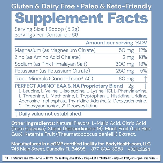 BodyHealth PerfectAmino Electrolytes Powder No Sugar, Hydration Fasting Keto Zero Sugar