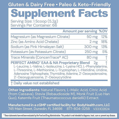 BodyHealth PerfectAmino Electrolytes Powder No Sugar, Hydration Fasting Keto Zero Sugar