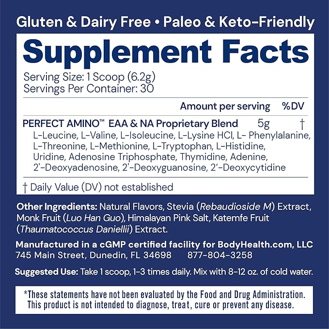 BodyHealth PerfectAmino Powder - BCAA and EAA Powder for Pre and Post Workout - Amino Acid Energy