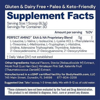BodyHealth PerfectAmino Powder - BCAA and EAA Powder for Pre and Post Workout - Amino Acid Energy