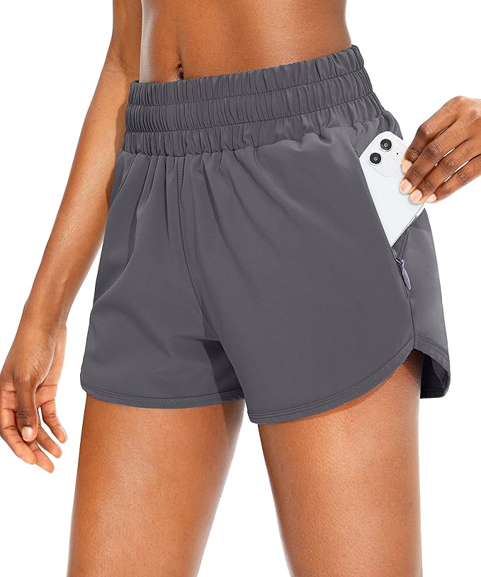 SANTINY Women's Running Shorts with Zip Pockets High Waisted Athletic Workout Gym Shorts for Women