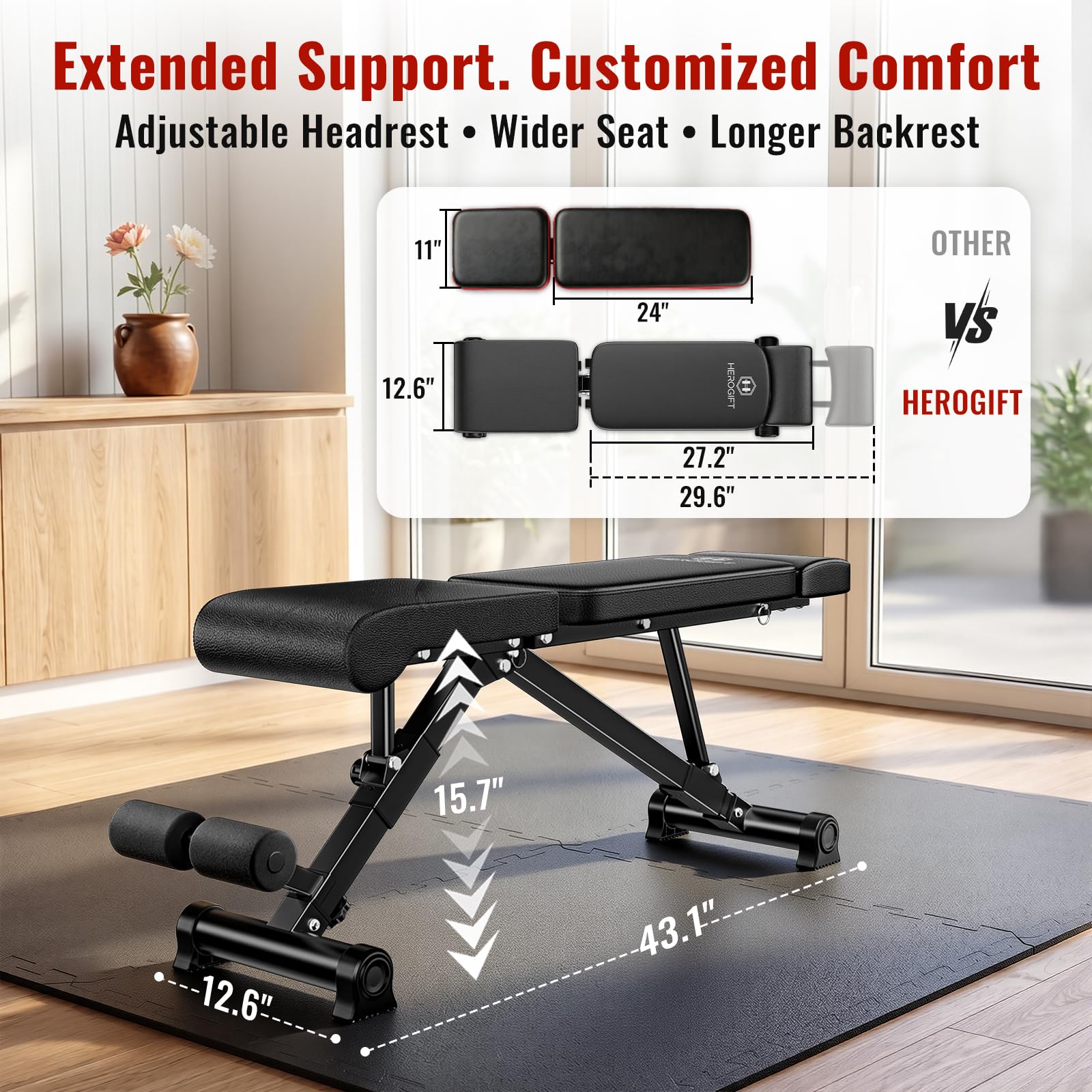 HEROGIFT Adjustable Weight Bench, 600 LB Capacity with Headrest