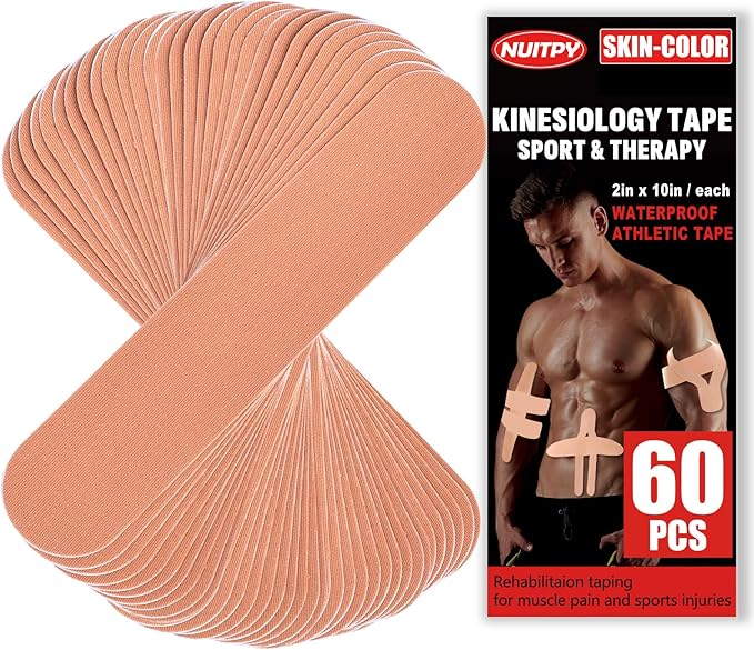 60PCS Precut Kinesiology Tape Strips, 2 inch x 10 inch Athletic Tape, Kinetic Tape, Elastic Muscle