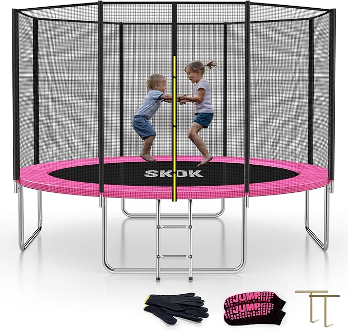 SKOK Trampoline 8FT 10FT 12FT 14FT 15FT Trampolines with Enclosure Net, 400LBS Outdoor Trampolines