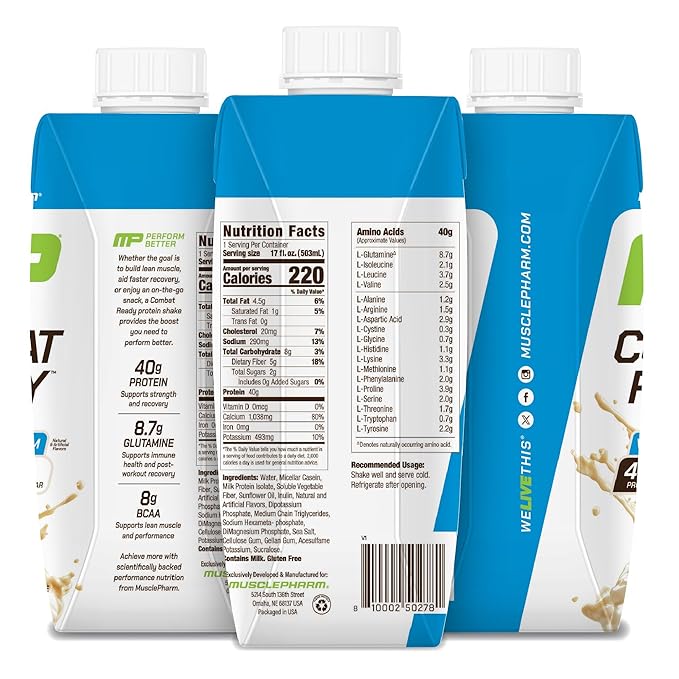 MusclePharm Combat Ready High Protein Shakes Ready to Drink, 40g Protein, 8g BCAAs, 8.7g Glutamine