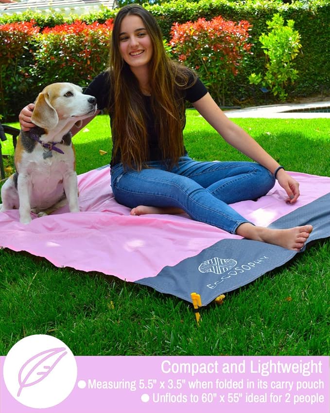 ECCOSOPHY Sand Proof Beach Blanket - 100% Waterproof Picnic Blanket 60x55 - Outdoor Compact Pocket