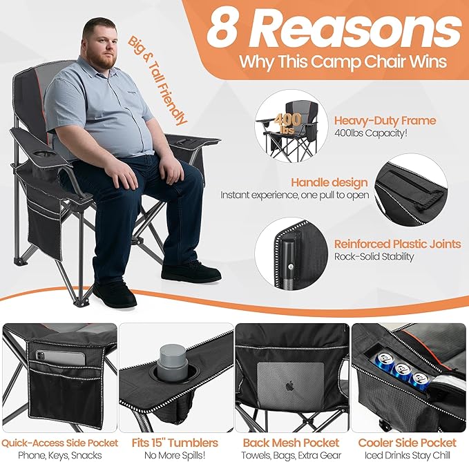 2 Pack Heavy Duty Oversized Camping Chair for Adults 400lbs w/Lumbar Support - Folding Chairs with