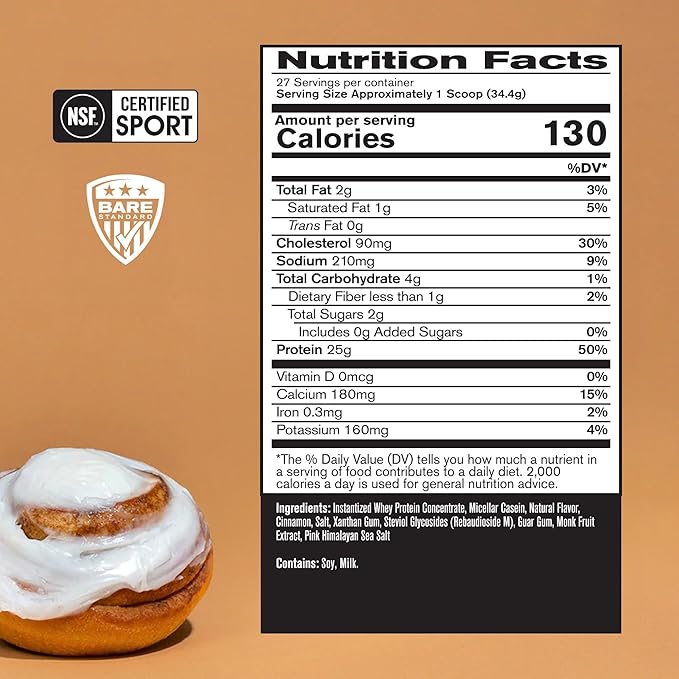 BARE PERFORMANCE NUTRITION, BPN Whey Protein + Casein Protein Powder Blend, Cinnamon Roll 25g