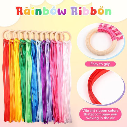 Junkin Ribbon Rings Hand Kite Waldorf Toys Dancing Wrist Ribbons Rainbow Streamers with Wood Ring