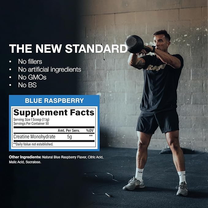 RAW Nutrition Creatine Monohydrate Powder, Blue Raspberry (30 Servings) - Micronized Creatine