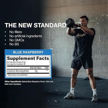 RAW Nutrition Creatine Monohydrate Powder, Blue Raspberry (30 Servings) - Micronized Creatine