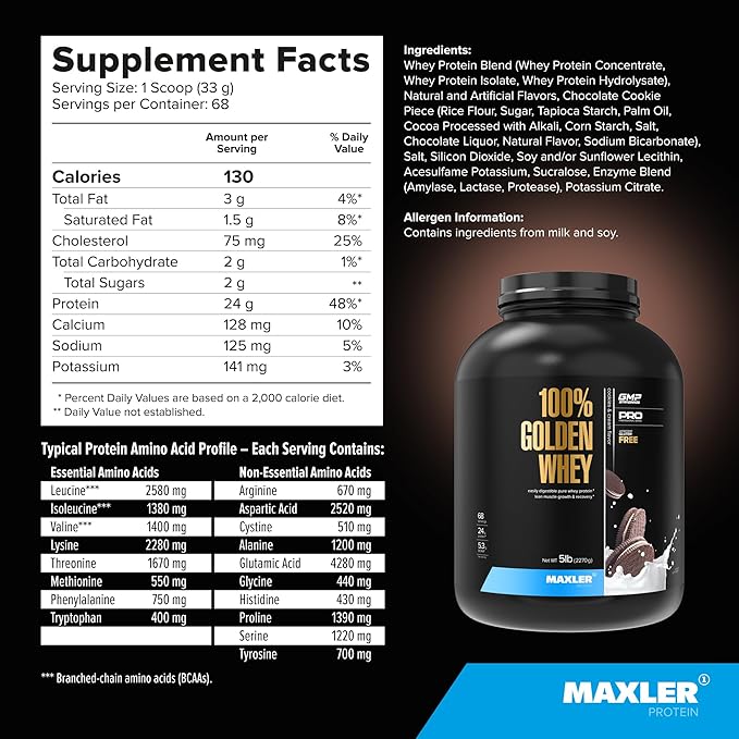 Maxler 100% Golden Whey Protein - 24g of Protein per Serving - Premium Whey Protein Powder for Pre