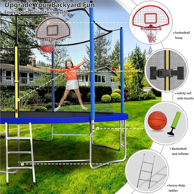 Upgraded 16FT 15FT 14FT 12FT 10FT 8FT Trampoline Outdoor with Basketball Hoop and Net, Capacity for
