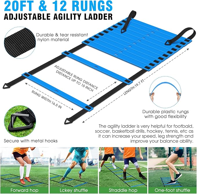 Agility Ladder Speed Training Equipment Set-20ft Agility Ladder,12 Soccer Cones,4 Hurdles, Jump