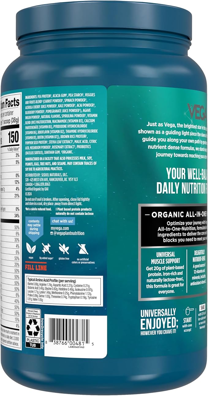 Vega All in One Nutrition Organic - 20g Plant-Based Pea Protein, Berry, 20 Servings, Vitamins A &
