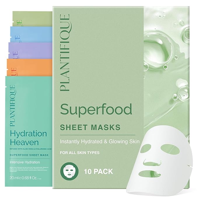 PLANTIFIQUE Superfood Facial Sheet Mask Variety Box 10 Pack ??2x Coconut, Aloe, Vitamin C, Centella