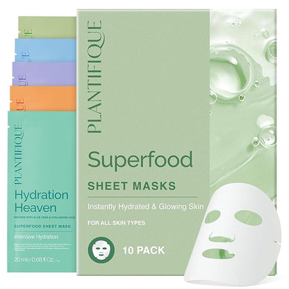 PLANTIFIQUE Superfood Facial Sheet Mask Variety Box 10 Pack ??2x Coconut, Aloe, Vitamin C, Centella