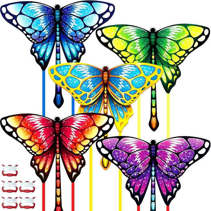 5 Pack Kites for Kids & Adults, Rainbow Butterfly Kite Delta Kites for Kids Age 4-8 8-12, Easy to