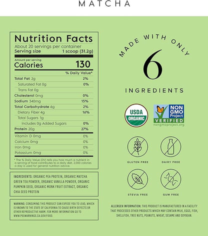 Truvani Vegan Pea Protein Powder | Matcha | 20g Organic Plant Based Protein | 20 Servings | Keto |