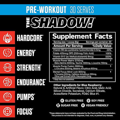 JNX SPORTS The Shadow! 350mg of Caffeine Hard Core Preworkout - Blue Raspberry 30 Servings |