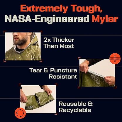 PREPARED4X Emergency Poncho and Mylar Blanket Liner - Waterproof, Wind-Resistant Outdoor Rain