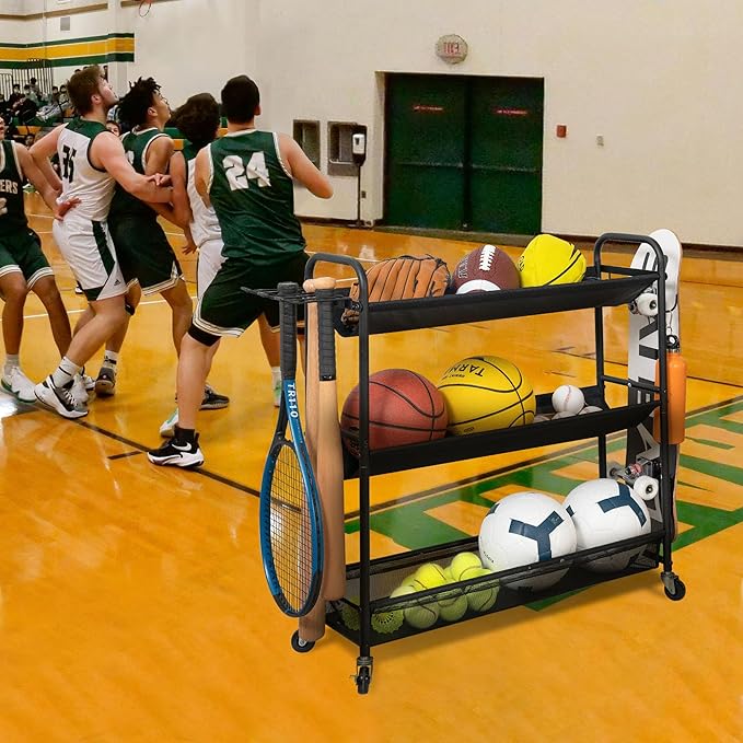 STORAGE MANIAC Basketball Rack 3-Shelf Training Stand Ball Holder Sports Ball Cart Garage Organizer