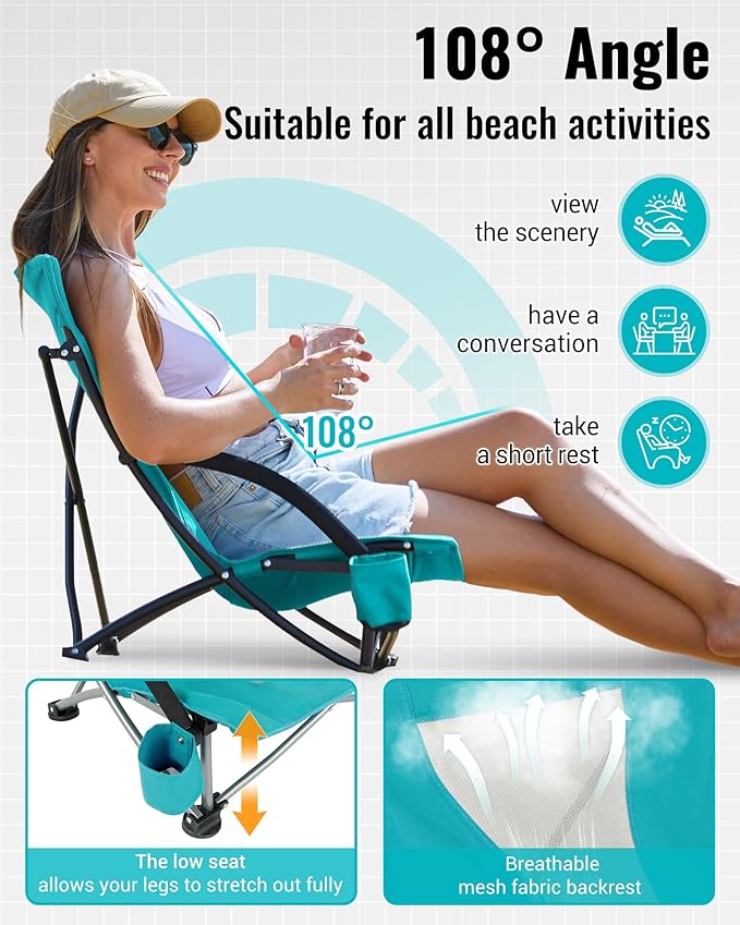 KingCamp Low Beach Chairs, Portable Folding Chair for Adults Extra Wide Ergonomic High Back Seat