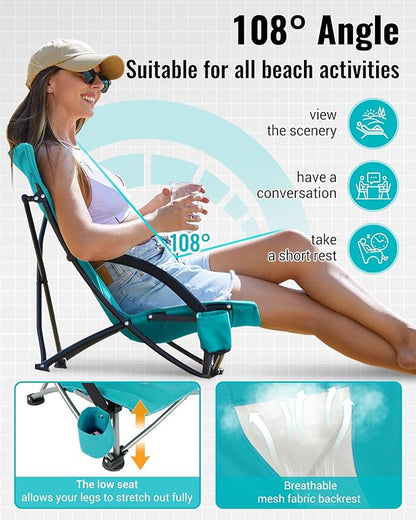 KingCamp Low Beach Chairs, Portable Folding Chair for Adults Extra Wide Ergonomic High Back Seat