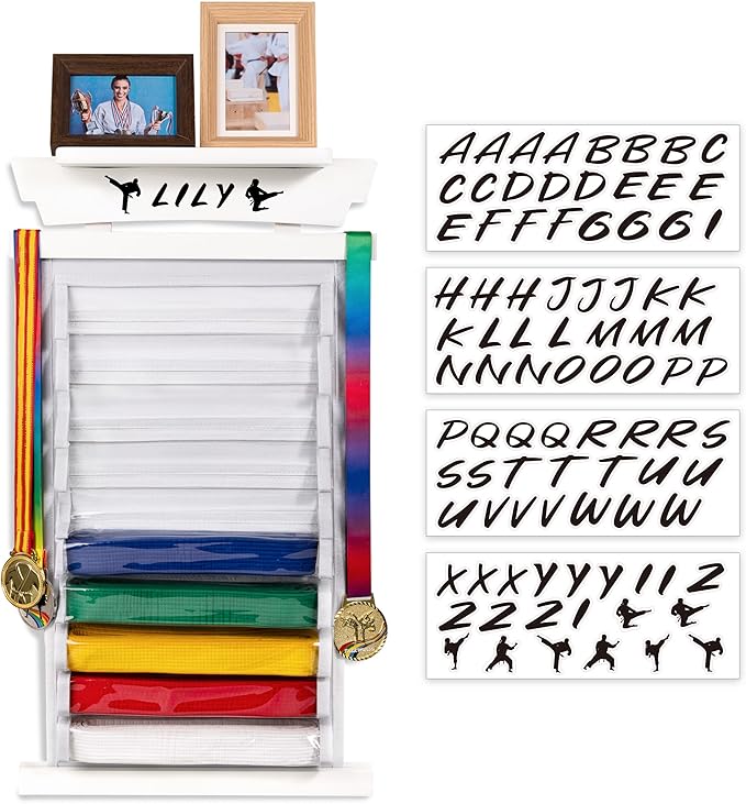 Tilhumt 12/10 Belts Karate Belt Display Rack with Stickers, Taekwondo Belt Display with