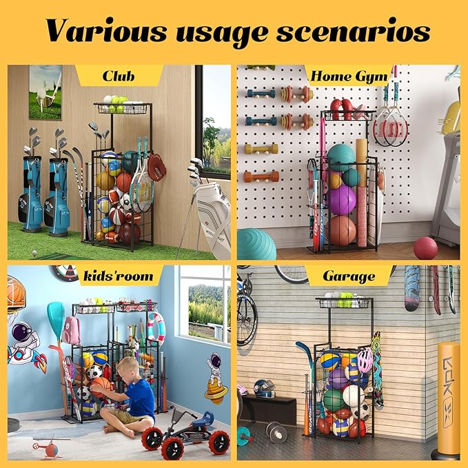 Sports Equipment Organizer, Small Garage Ball Storage Rack with Elastic Straps and 3 Hooks, Garage