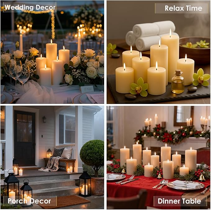 Ivory Pillar Candles Set, 12 Packs, 2.8 in x 4, 6, 8 Inch Assorted Size Unscented Pillar Candles