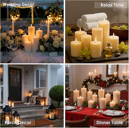 Ivory Pillar Candles Set, 12 Packs, 2.8 in x 4, 6, 8 Inch Assorted Size Unscented Pillar Candles