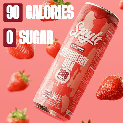 High Protein Strawberry Milk with 60mg Caffeine & 20g Protein - 90 Calories, Ready to Drink, Sugar