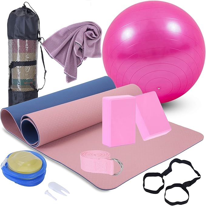 Yoga Starter Kit - 11-Piece Set with Yoga Blocks, Strap, Ball, Mat, Carrying Strap, Net Bag