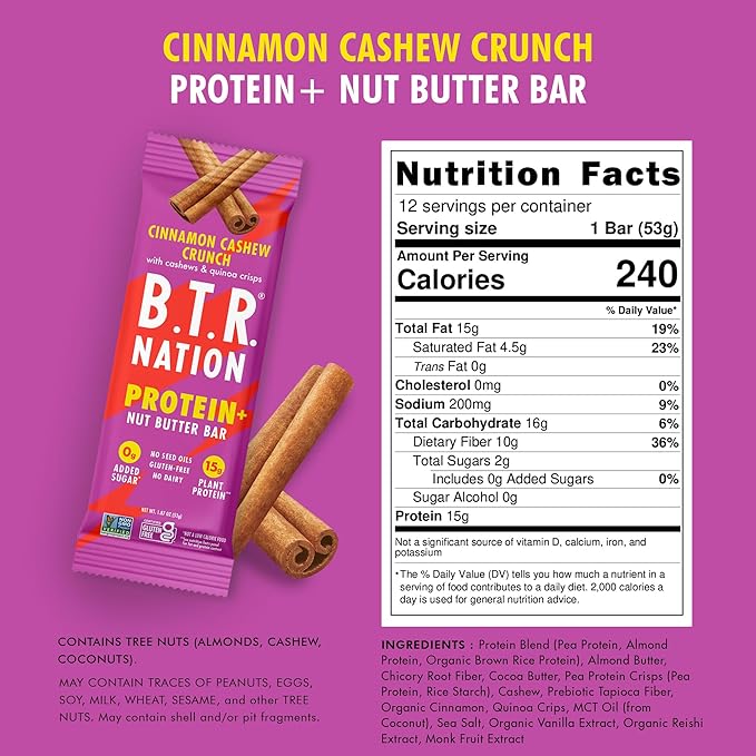 B.T.R. Nation Vegan Keto Plant Based High Protein & High Fiber Bars - Cinnamon Cashew Crunch