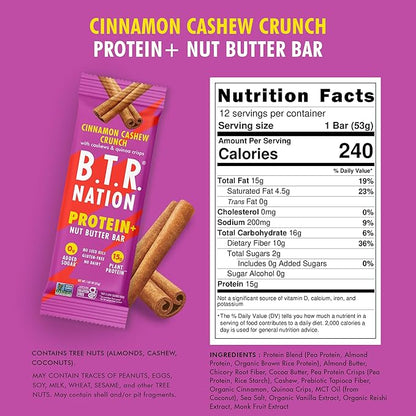 B.T.R. Nation Vegan Keto Plant Based High Protein & High Fiber Bars - Cinnamon Cashew Crunch