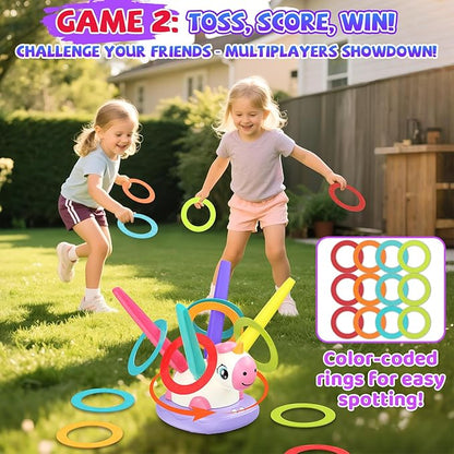 3-in-1 Outdoor Toys for Kids Ages 3-8, Unicorn Rocket Launcher, Ring Toss & Musical Jump - Backyard